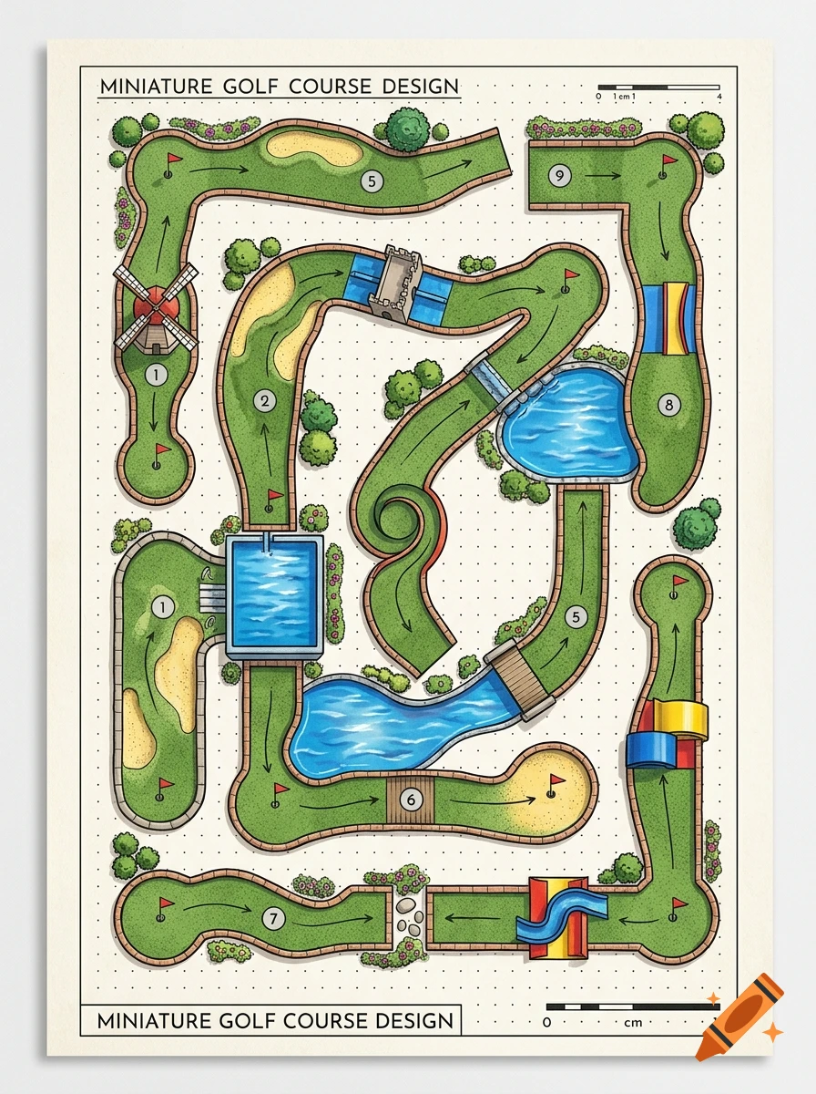 Top-down architectural illustration of a 9-hole miniature golf course design on dotted paper with obstacles and water features.