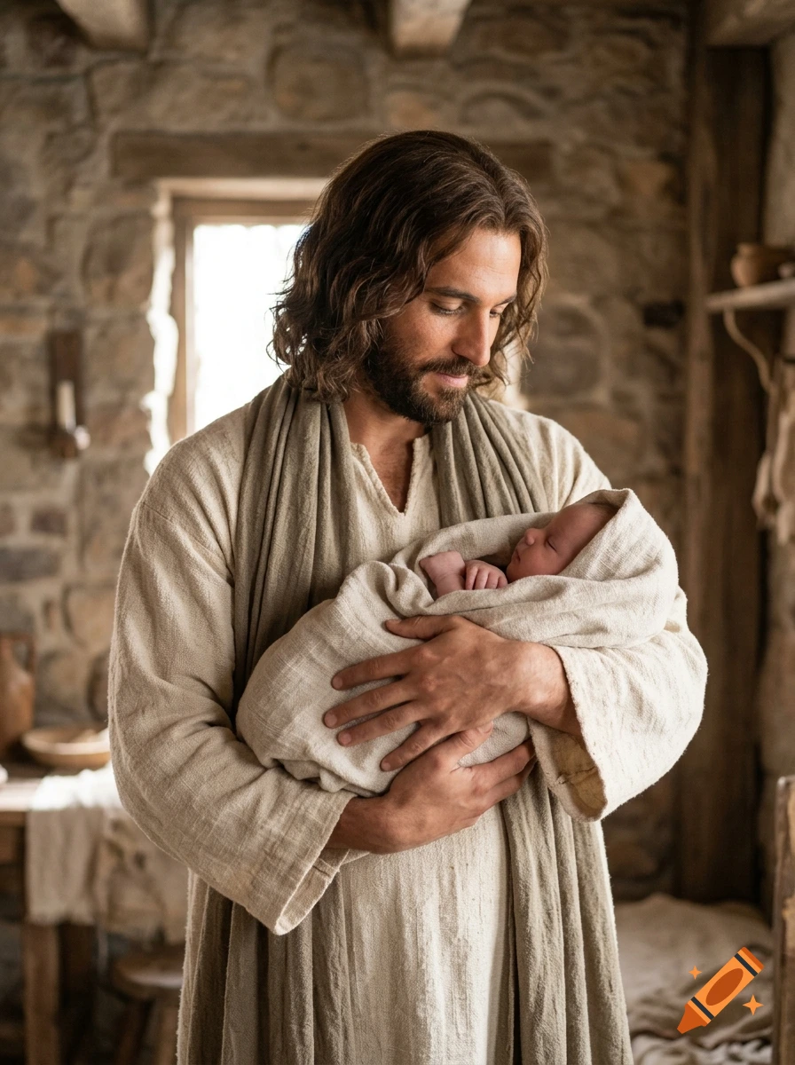 Photorealistic depiction of Jesus holding a newborn baby wrapped in a cloth in a rustic stone room.