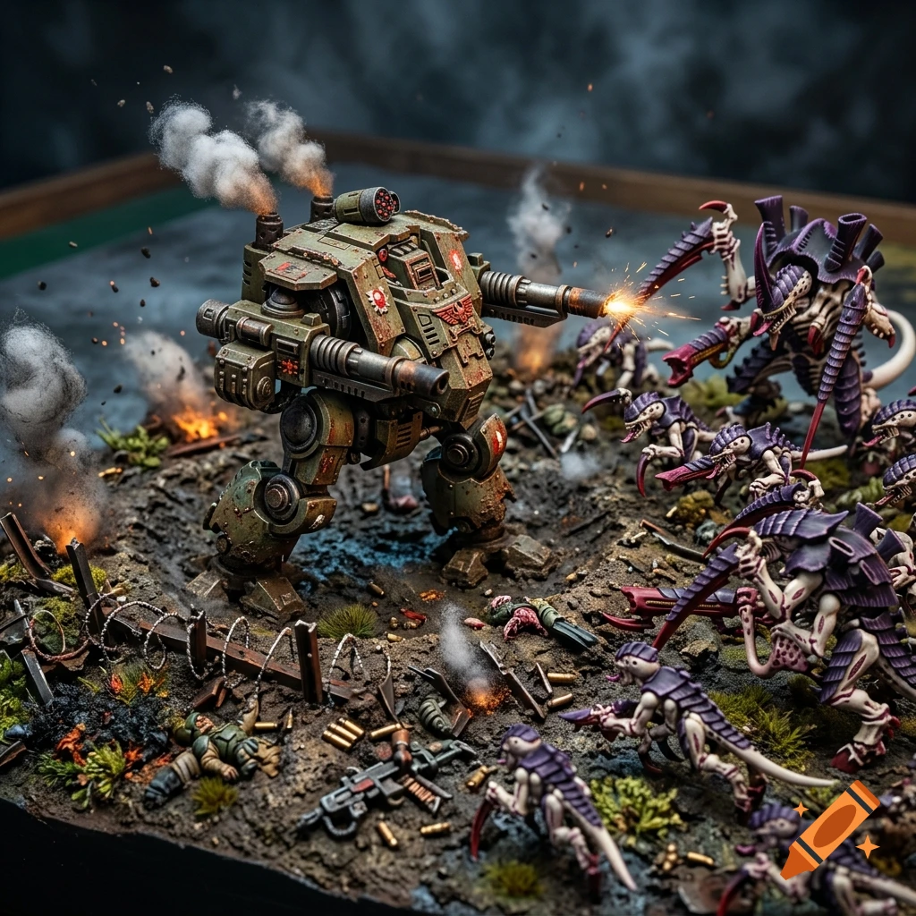 Detailed diorama of a green armored mech fighting alien Tyranid creatures in a war-torn landscape.