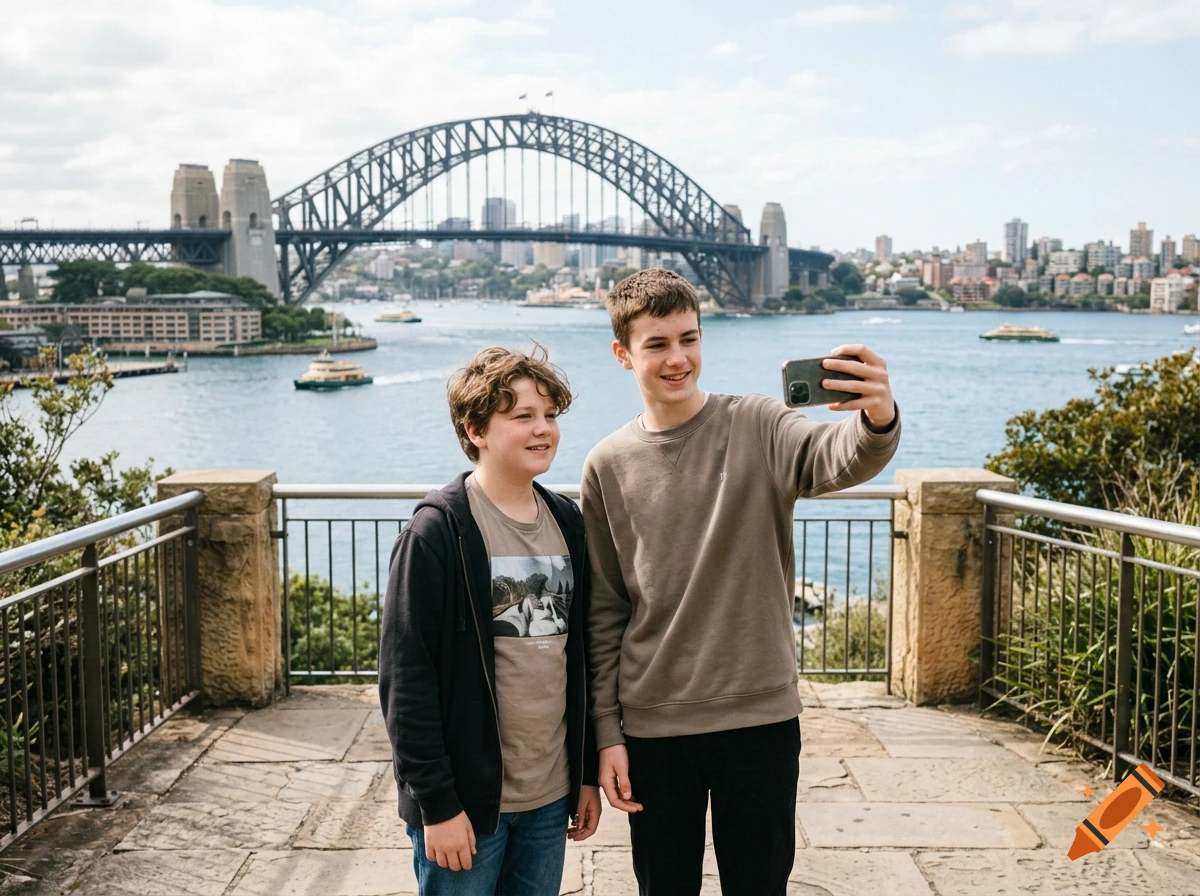 Two teenage boys taking a selfie with the Sydney Harbour Bridge in the background.