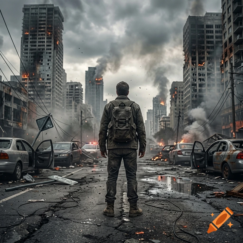 Photorealistic view of a survivor standing in the middle of a destroyed, smoking city street amidst ruined skyscrapers and abandoned cars.