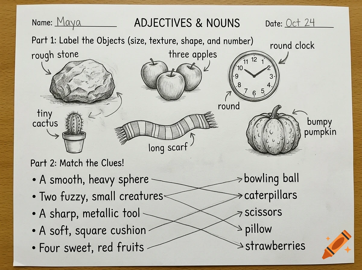 An educational worksheet about adjectives and nouns with line drawings of objects and matching activities.