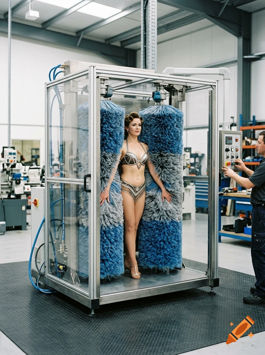 Photorealistic image of a woman in a bikini standing inside an industrial car wash machine with large blue and gray polishing brushes.