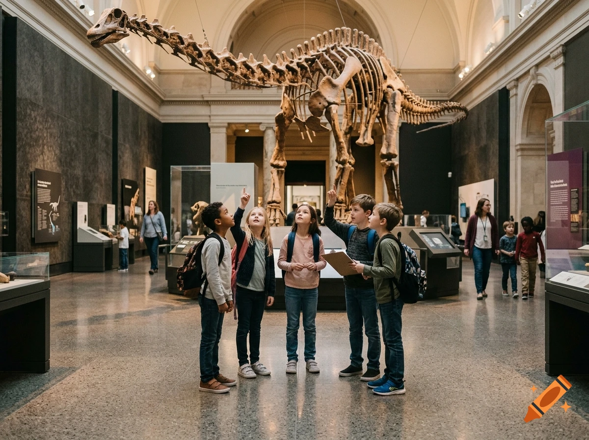 A group of children looking up at a large dinosaur skeleton in a museum exhibit.