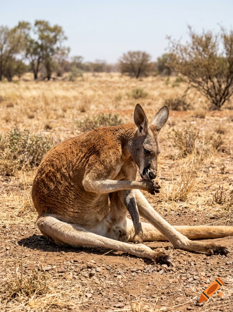 A kangaroo sitting and licking its paw in an arid landscape.