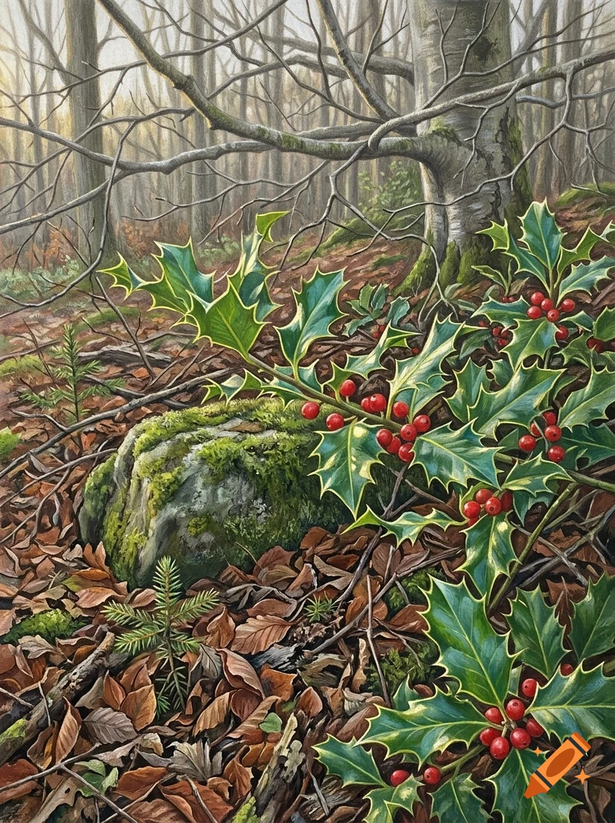 An oil painting of a forest floor featuring green holly leaves with bright red berries, a mossy rock, and scattered brown leaves.