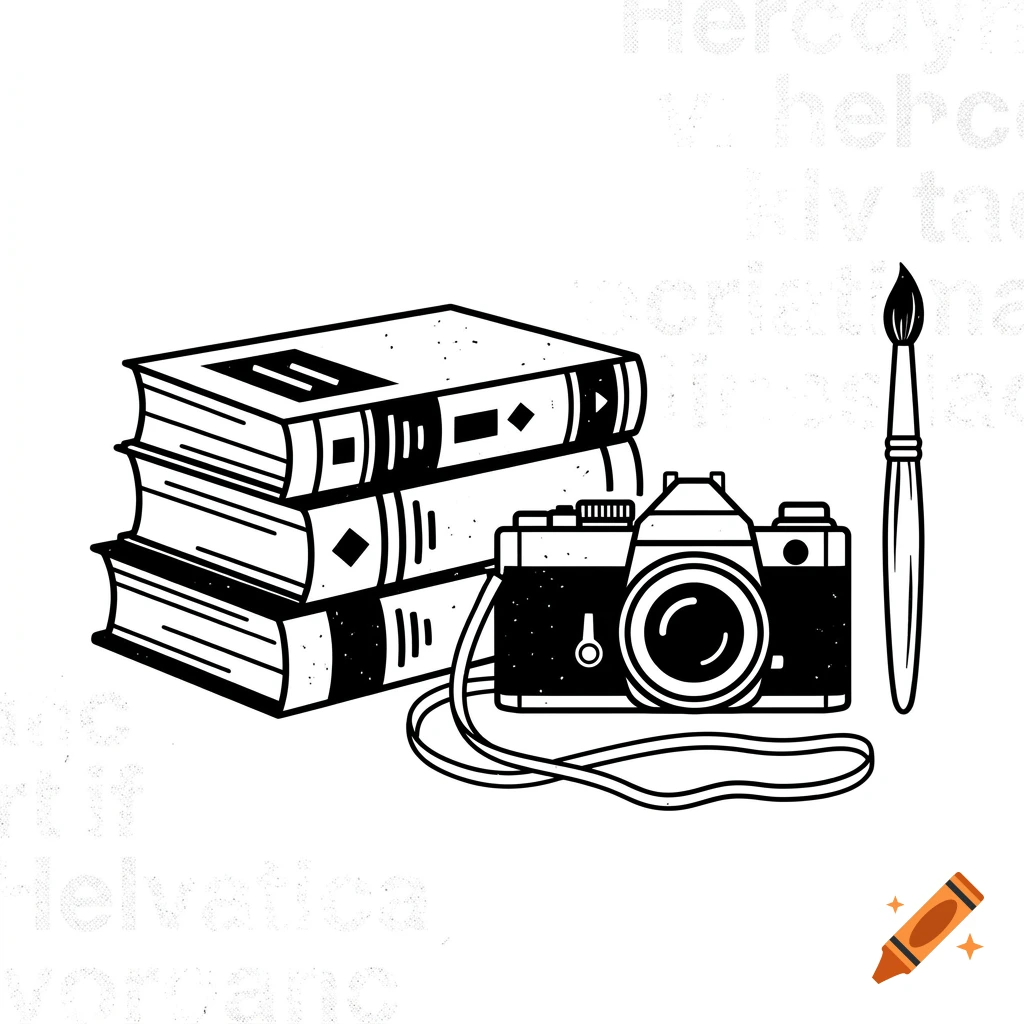Black and white vector line art of a stack of books, a vintage camera, and a paintbrush against a subtle typography background.