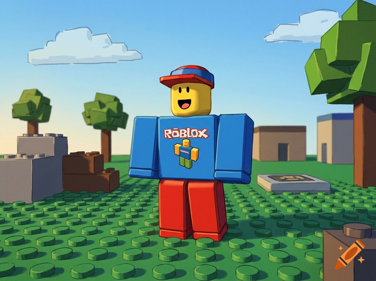 Digital illustration of a classic Roblox blocky character standing on a green studded baseplate in a nostalgic blocky world.