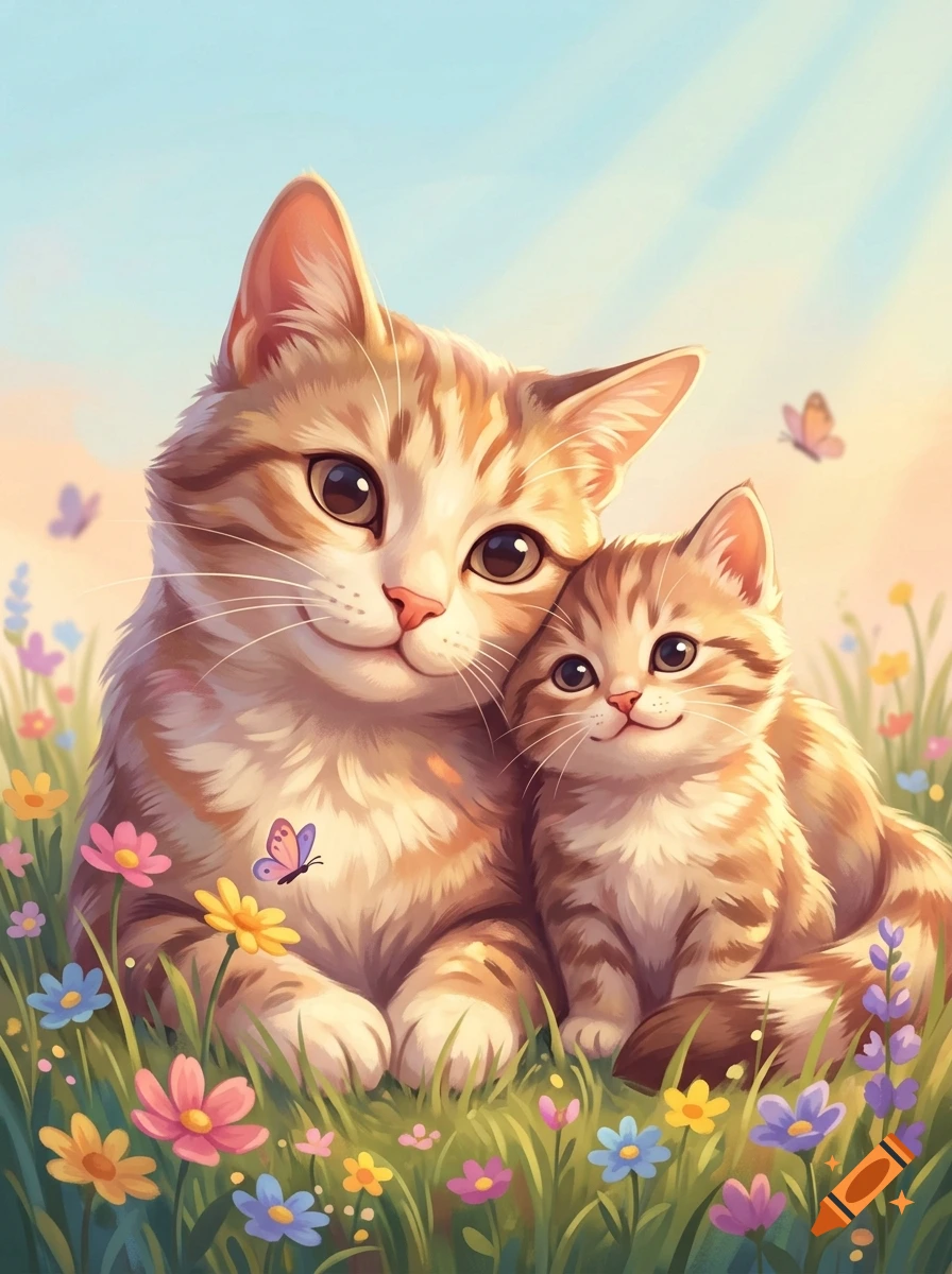 Digital illustration of an adult orange tabby cat smiling next to its kitten in a field of colorful flowers with butterflies.