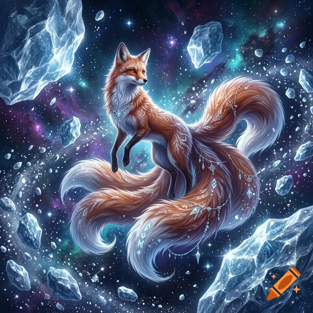 Digital art of a mythological nine-tailed fox goddess with ornate crystal jewelry floating in space among icy asteroids.
