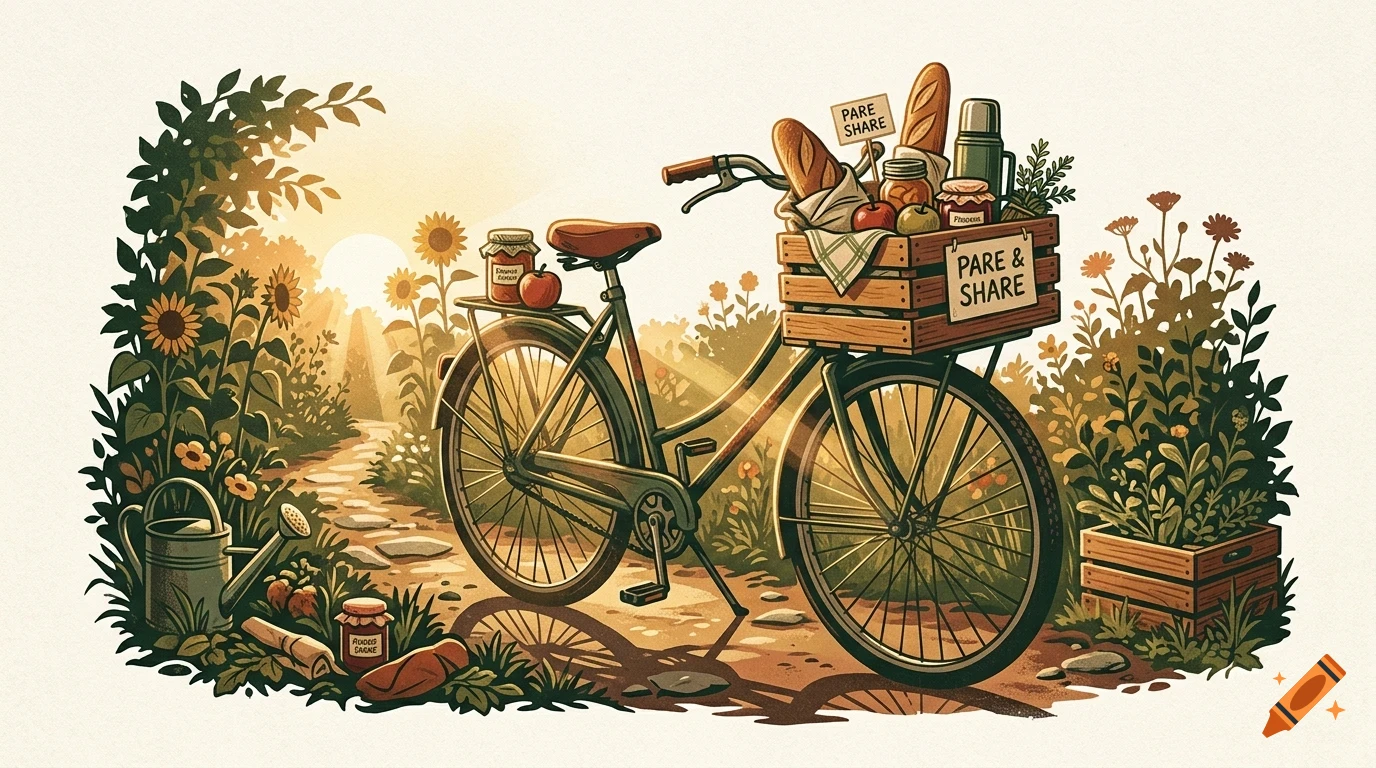 An illustration of a bicycle parked on a dirt path in a sunny garden, with a wooden crate on the front carrying bread, jars, and produce.