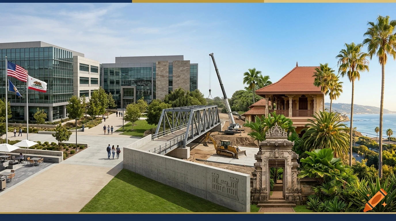 Photorealistic composite image showing modern university buildings, a construction site with a crane, and a traditional Sri Lankan style building near the ocean with palm trees.