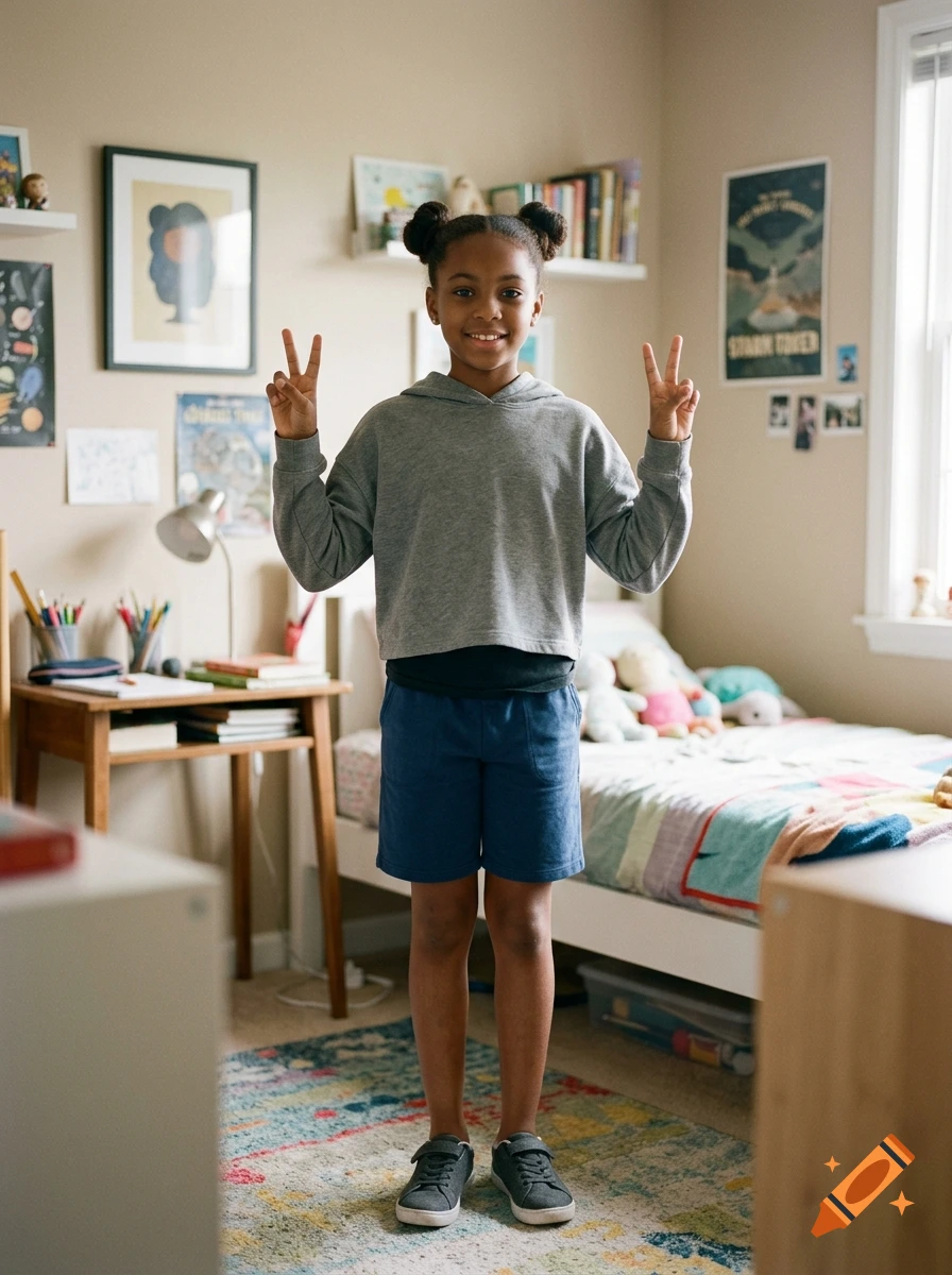 A 10-year-old girl with double hair buns stands in her bedroom making peace signs with both hands, photorealistic style.