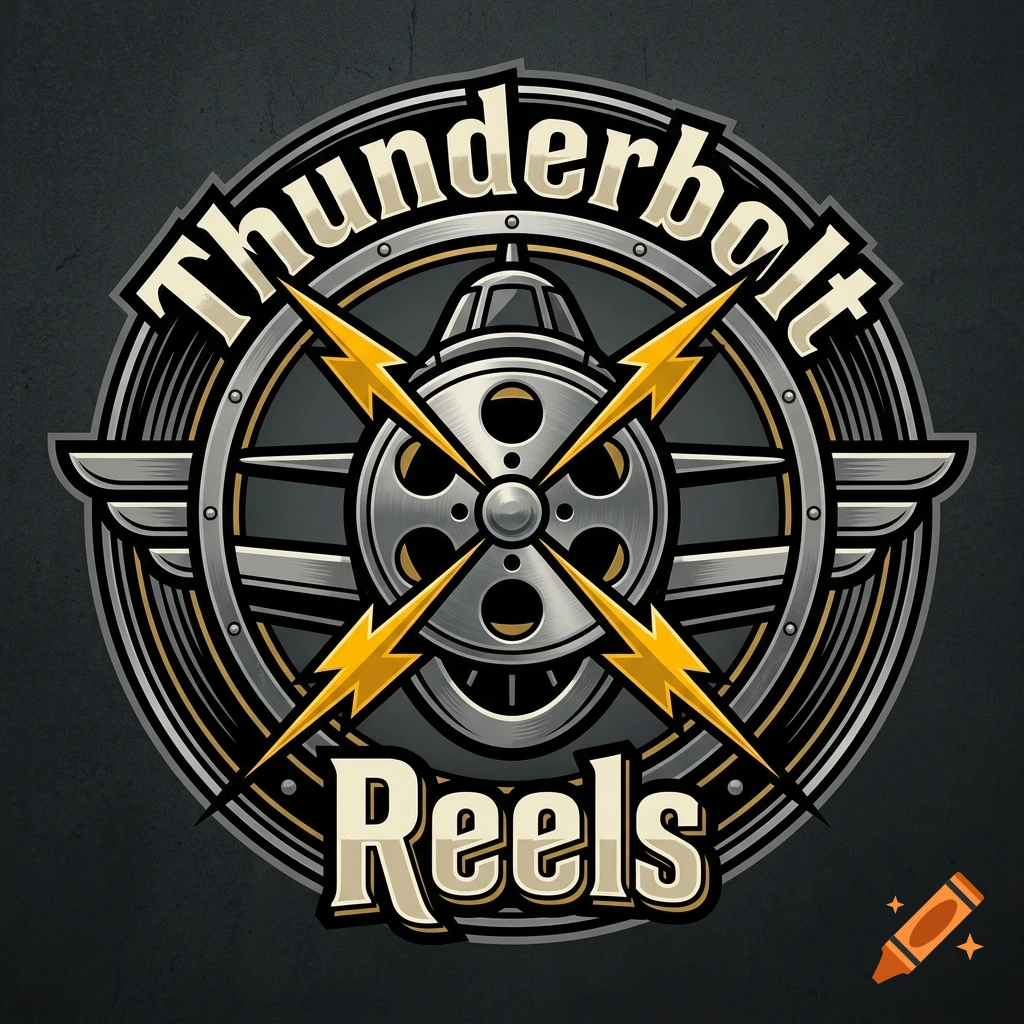 Logo featuring a P-47 Thunderbolt engine cowling styled as a film reel with yellow lightning bolt blades and text reading Thunderbolt Reels.