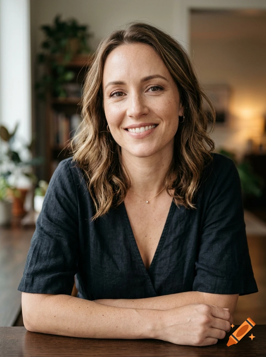 Photorealistic medium shot of a smiling woman with wavy brown hair wearing a dark blouse, seated at a wooden table indoors.