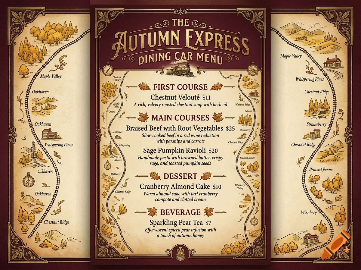 An illustrated vintage-style menu for 'The Autumn Express' dining car with train route illustrations and food items.