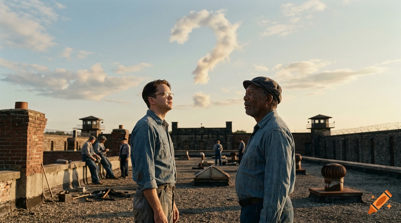 Two men in denim work shirts standing on a prison rooftop with a question mark shaped cloud in the sky, photorealistic style.