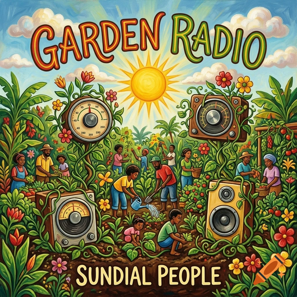 Colorful illustration of people gardening amongst plants and vintage radio equipment, with the text Garden Radio and Sundial People.