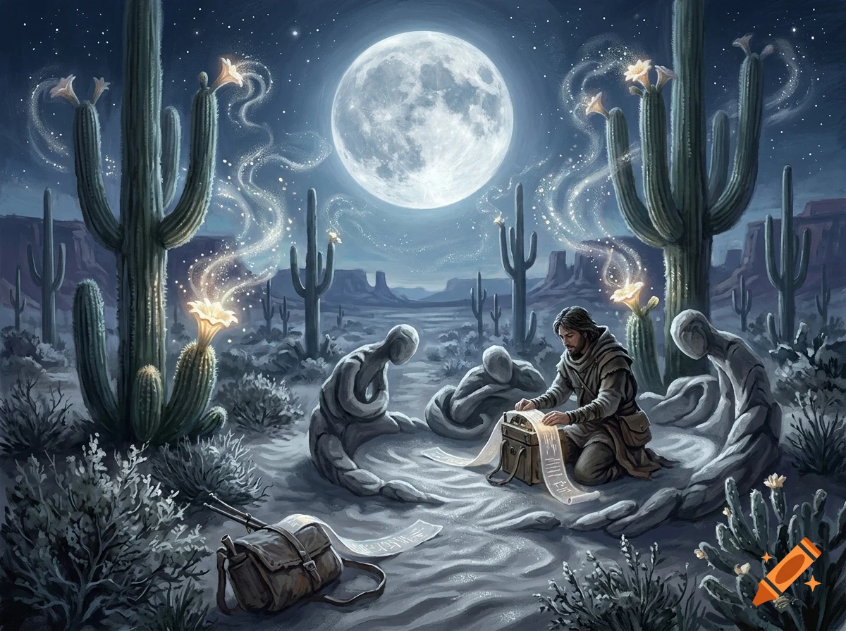 A person kneeling in a desert landscape under a full moon, surrounded by cacti and strange stone figures, reading a long scroll.