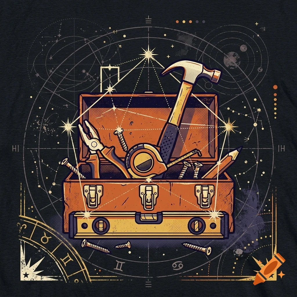 An open toolbox filled with tools like a hammer, pliers, and tape measure, set against an astrological star chart background.