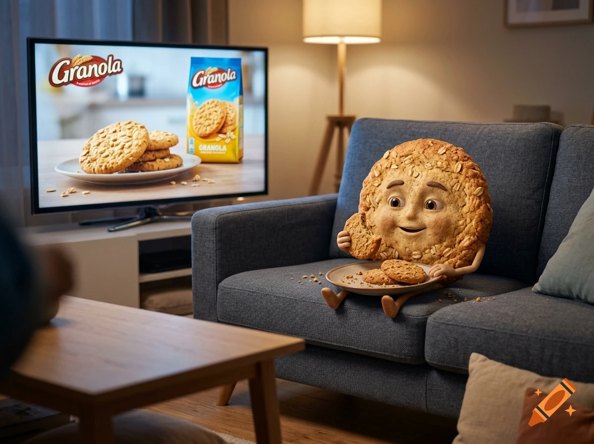 A cute anthropomorphic granola cookie sits on a blue sofa, eating a cookie while watching a television displaying a granola advertisement.