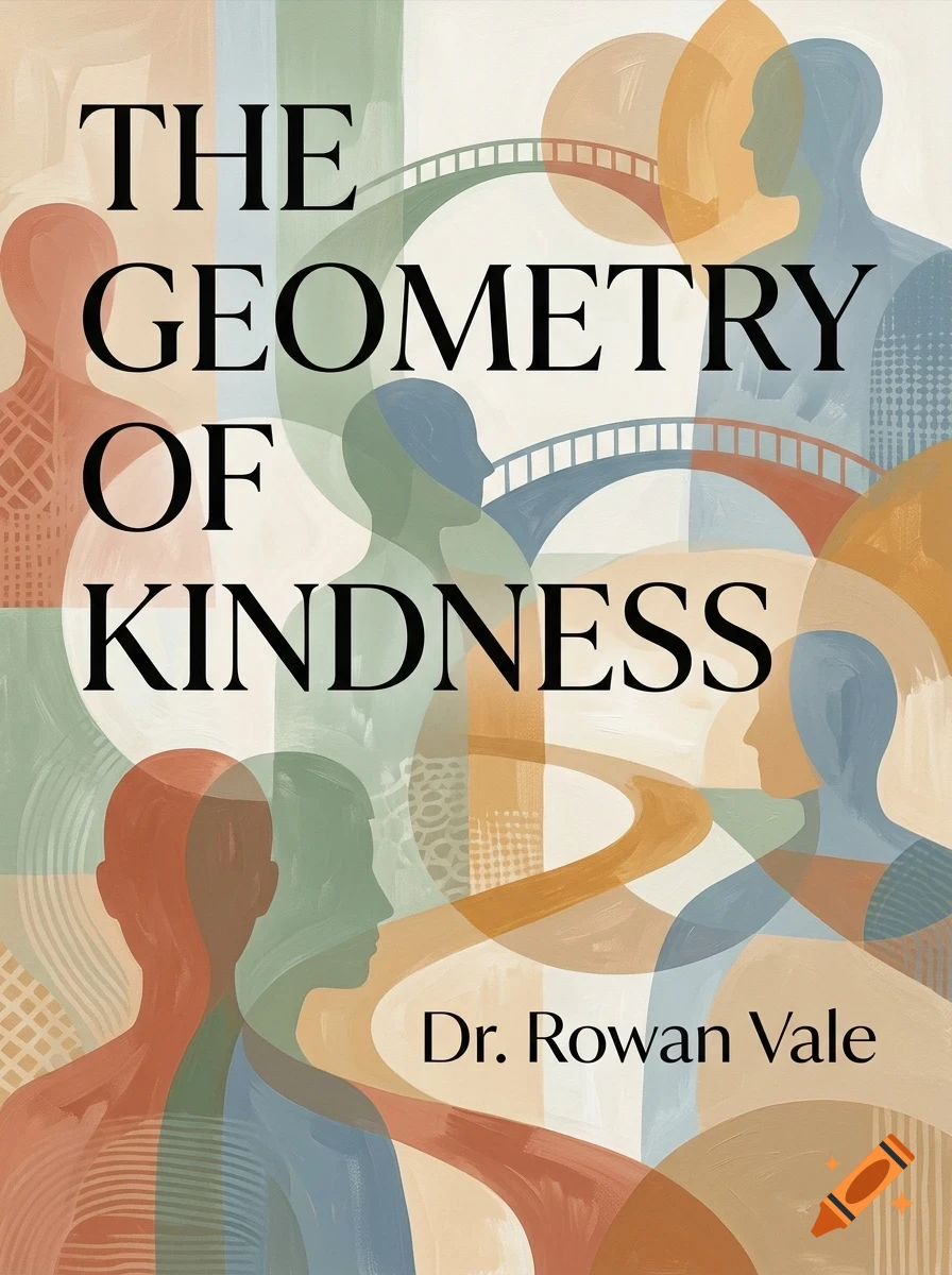An abstract illustrated book cover featuring stylized human silhouettes and architectural elements in muted earthy tones, with the title The Geometry of Kindness.