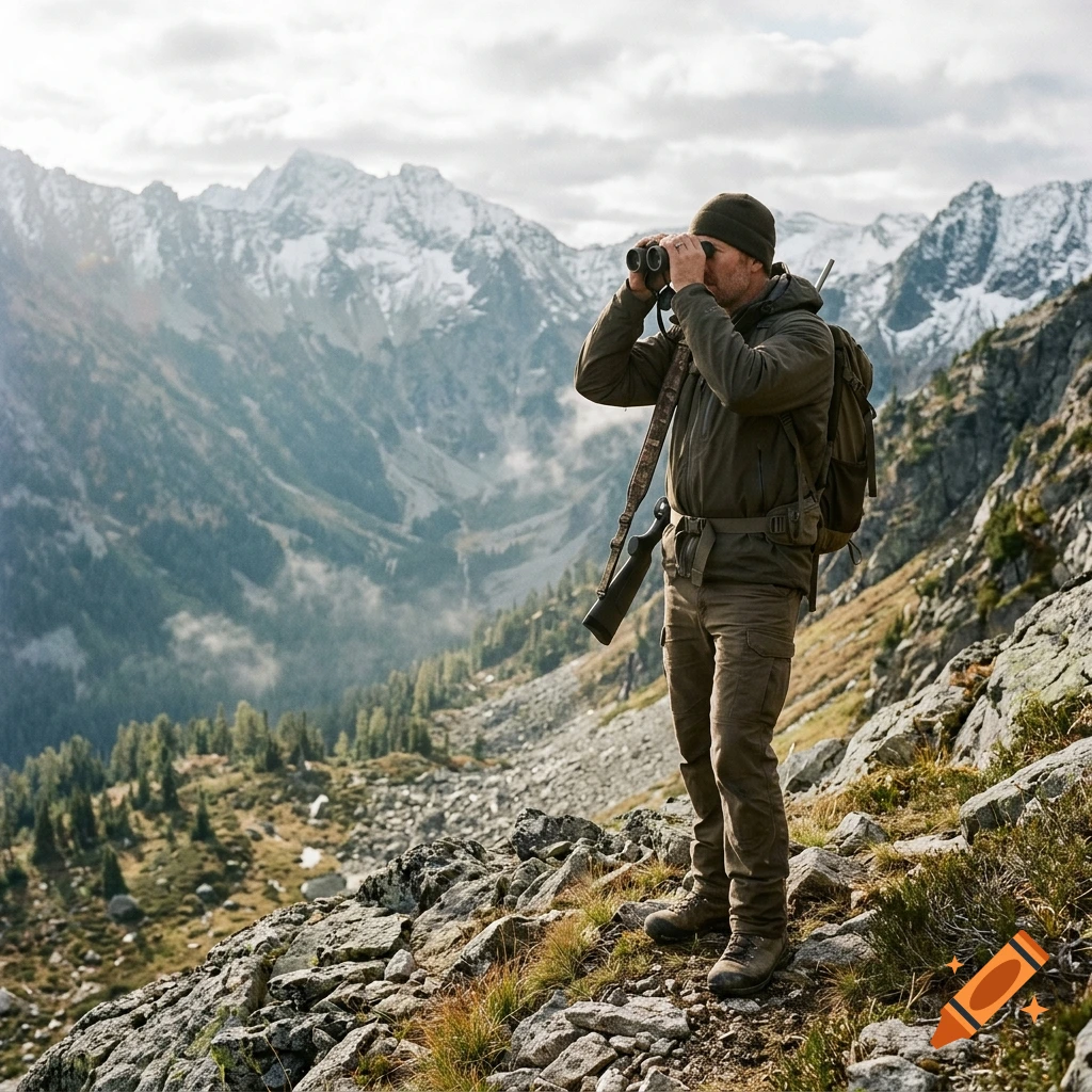 Photorealistic image of a hunter standing on a rocky mountain ridge, using binoculars to scan snow-capped peaks.