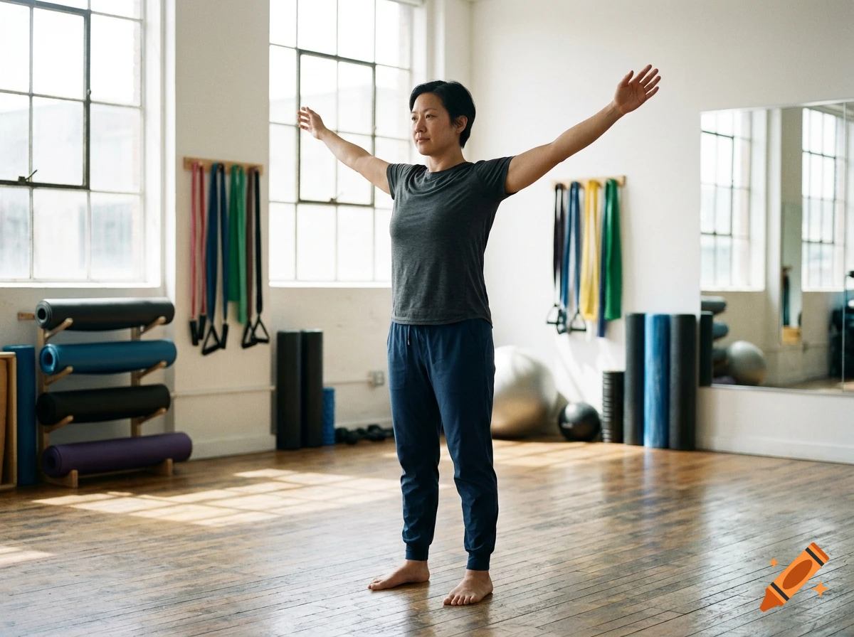 An Asian person with short hair stretches arms out in a bright gym with wooden floors and equipment.