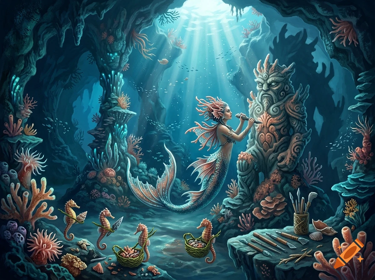 An underwater fantasy scene depicting a mermaid carving a large stone statue inside a cavern surrounded by coral and small seahorses holding tools.