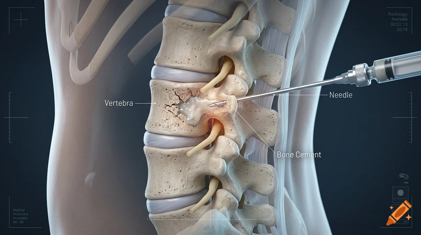3D medical illustration showing a vertebroplasty procedure, with a needle injecting bone cement into a fractured vertebra.