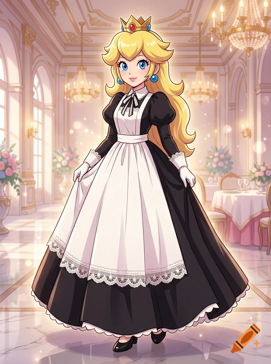 Princess Peach from Super Mario wearing a long black and white maid outfit in a grand palace hallway, anime style.