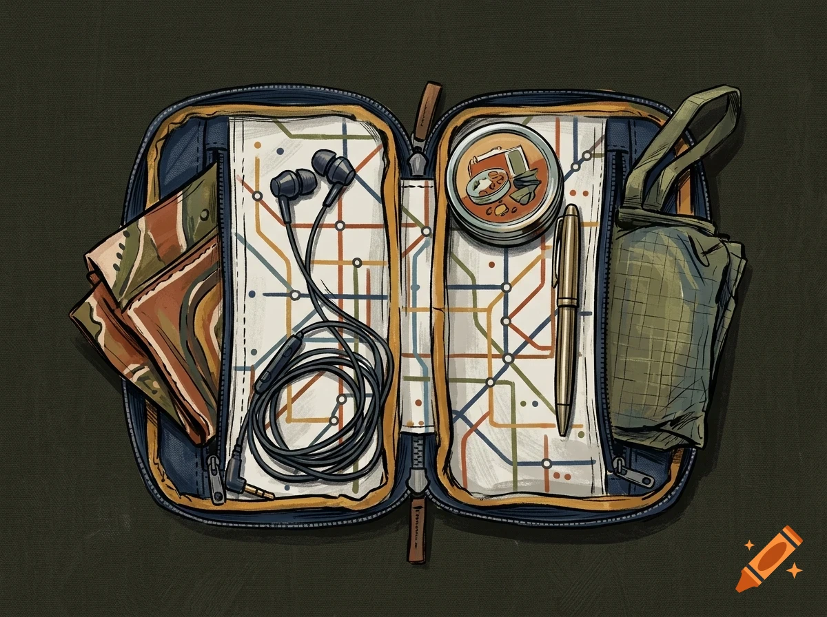 An open zipper pouch filled with travel accessories, including a map, earphones, a tin, a pen, and a folded pouch.