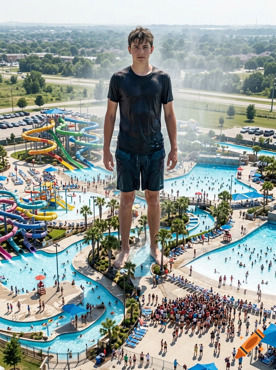 Photorealistic image of a giant teenage boy standing in a large water park filled with pools, slides, and tiny people.