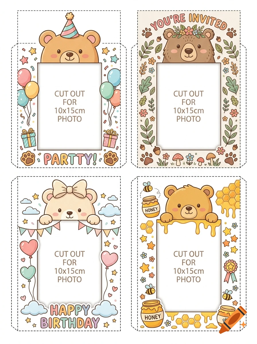 Cute cartoon bear photo frames for birthday invitations with balloons, honey, and party elements.