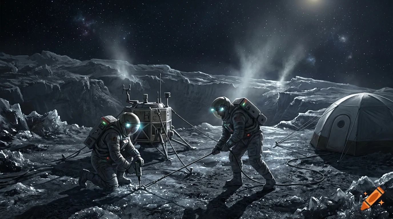Two astronauts in spacesuits working on a rocky, cratered planetary surface near a lander and a dome tent under a starry sky.