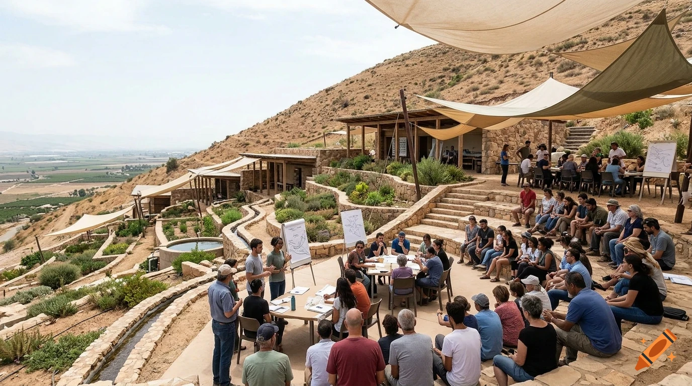 A large group of people gather for an outdoor workshop or presentation on a terraced hillside near buildings and shade sails.