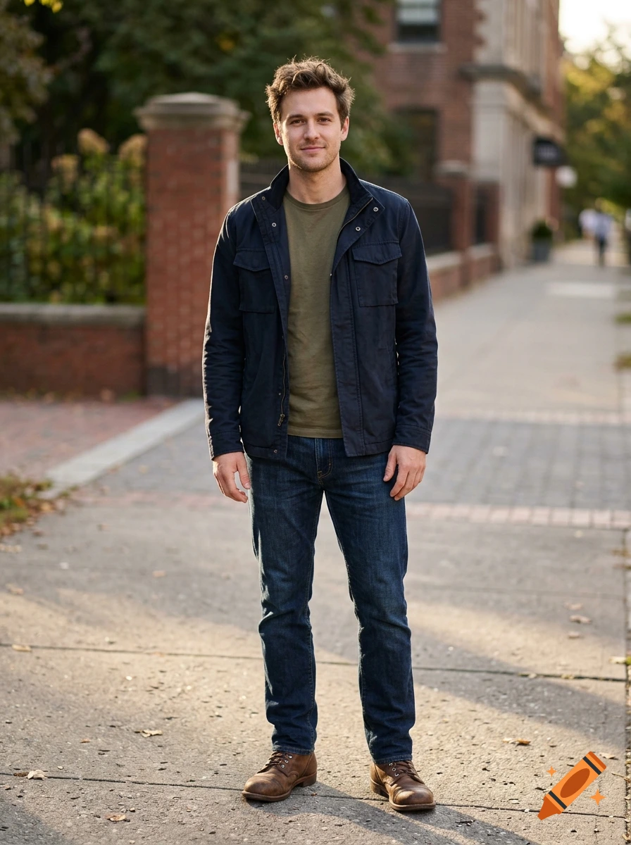 Full-body photorealistic portrait of a young man standing on a sidewalk in front of a brick building.