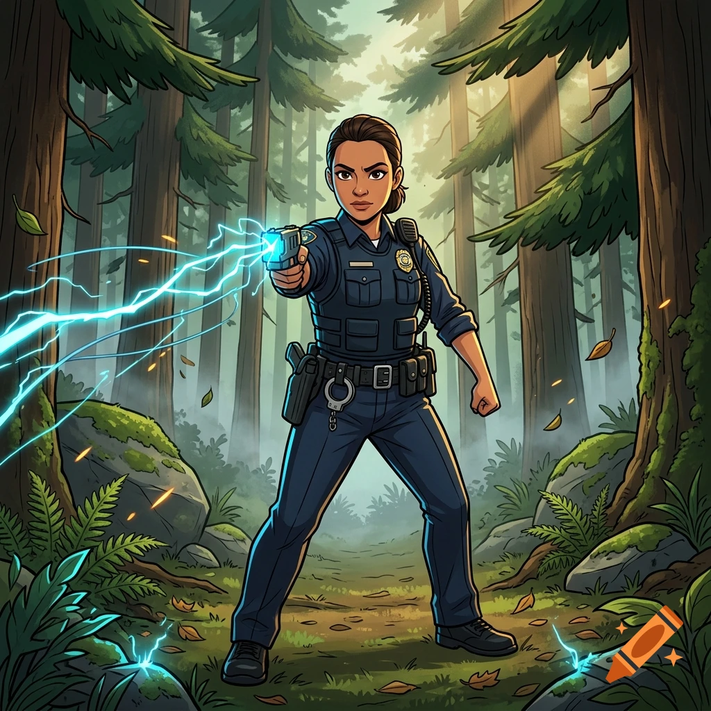 Cartoon illustration of a female Hispanic police officer in a forest firing a taser.