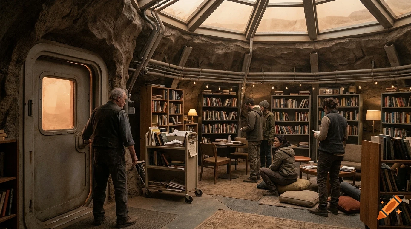 A round underground library or shelter with rock walls, bookshelves, and several people standing and sitting inside.