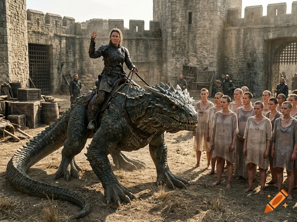 Photorealistic scene of a woman in leather armor riding a large scaled basilisk before a crowd of captives in a stone courtyard.