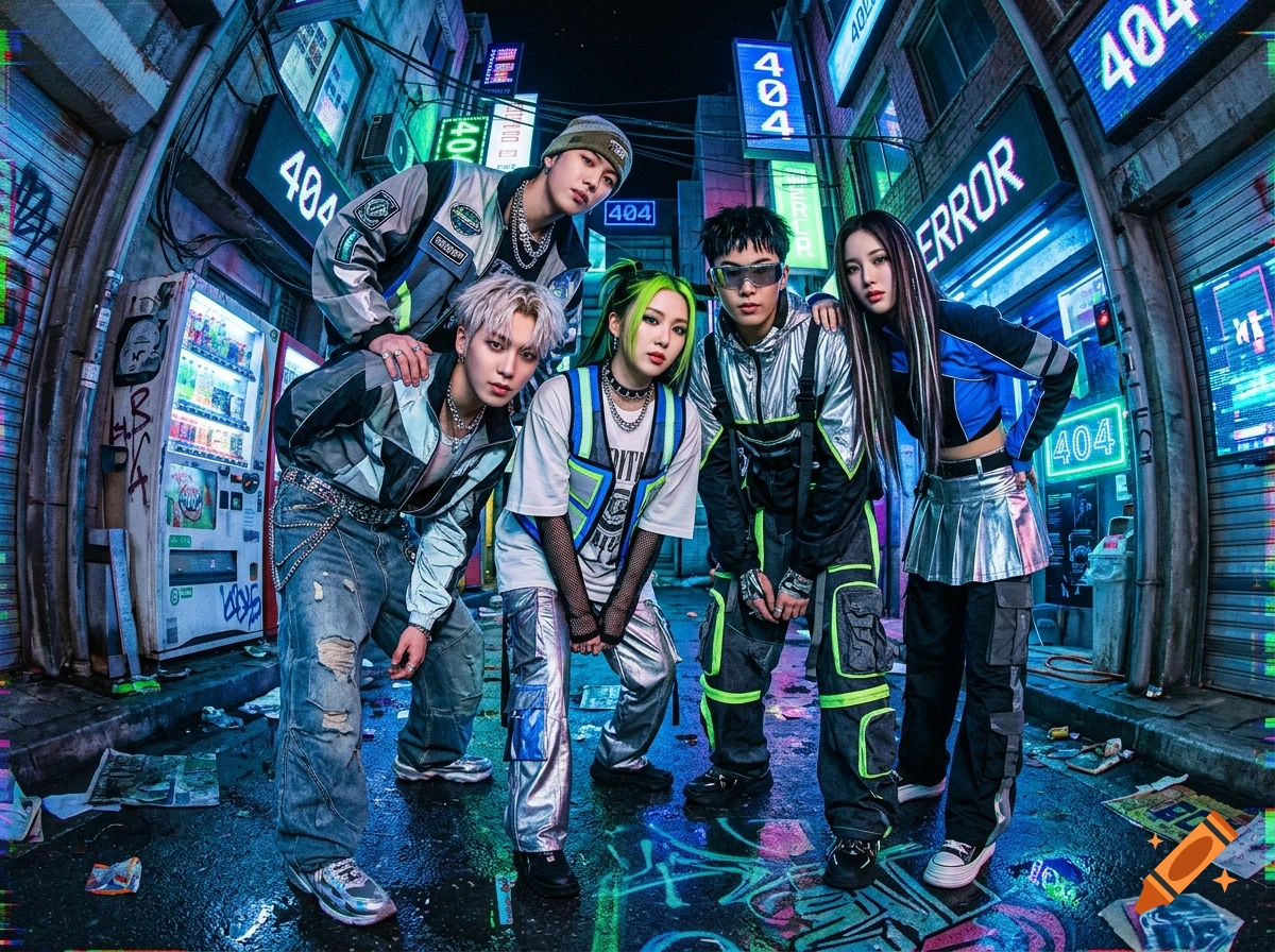 A 5-member K-pop group posing in futuristic cyberpunk street fashion in a glitchy Y2K aesthetic alleyway.