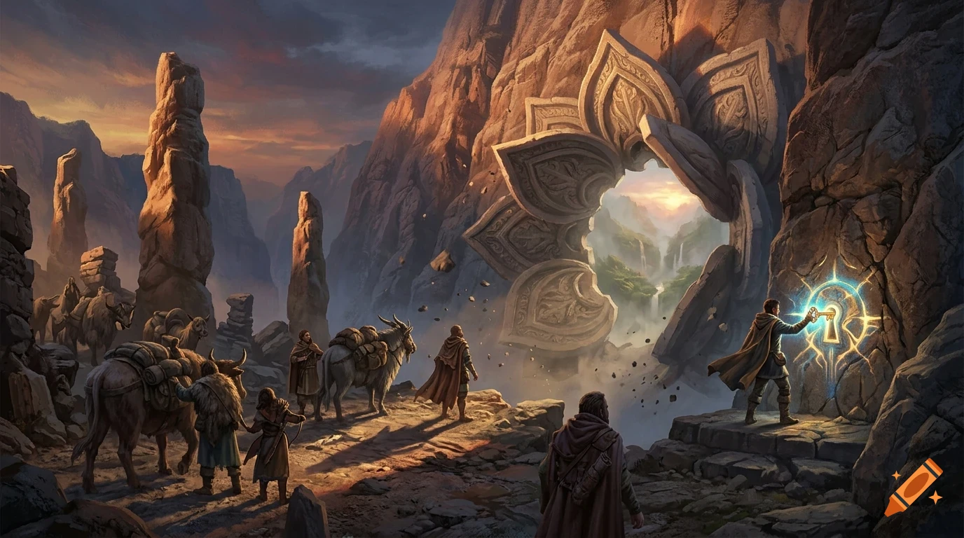 A traveler unlocking a large flower-shaped stone gateway in a rocky landscape while a group of people and pack animals watch.