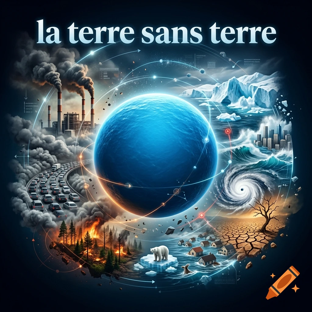 Digital illustration about climate change with a blue planet surrounded by pollution, melting ice, storms, and droughts, featuring French text at the top.