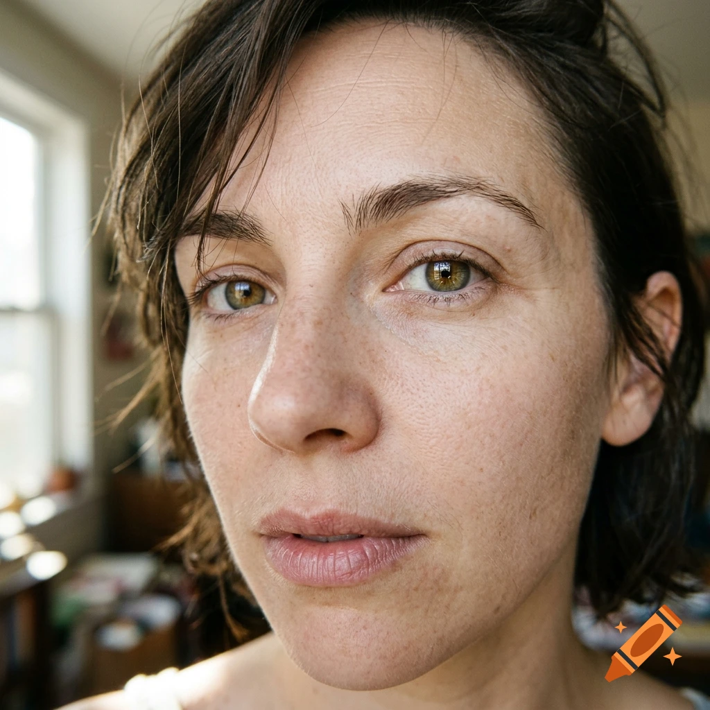 Close-up photorealistic portrait of a woman's face with brown hair and green eyes.