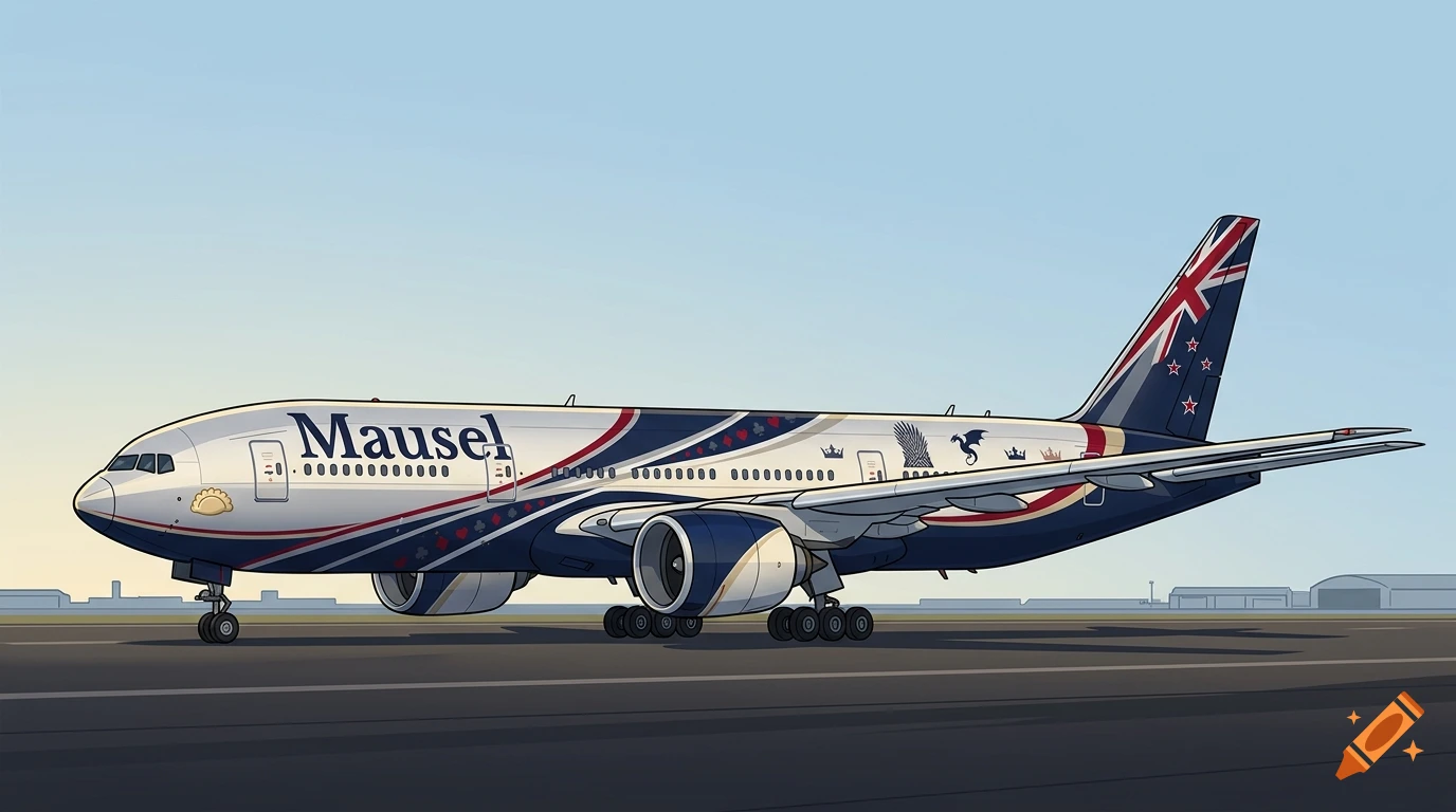 An illustrated Boeing 777 passenger airplane parked on a runway, featuring a custom livery with text 'Mausel', playing card symbols, and a New Zealand flag on the tail.
