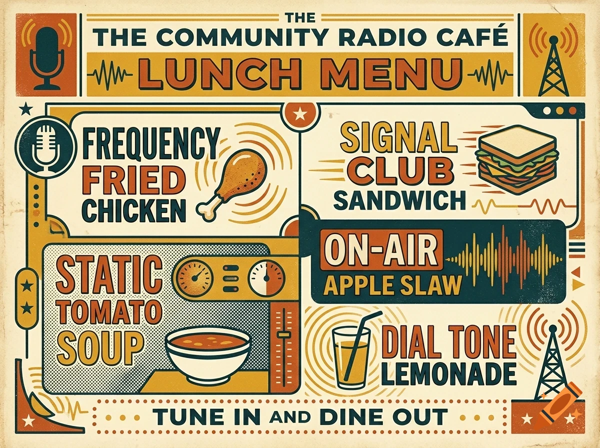 Vintage styled menu graphic for The Community Radio Cafe featuring lunch items like Frequency Fried Chicken and Signal Club Sandwich.