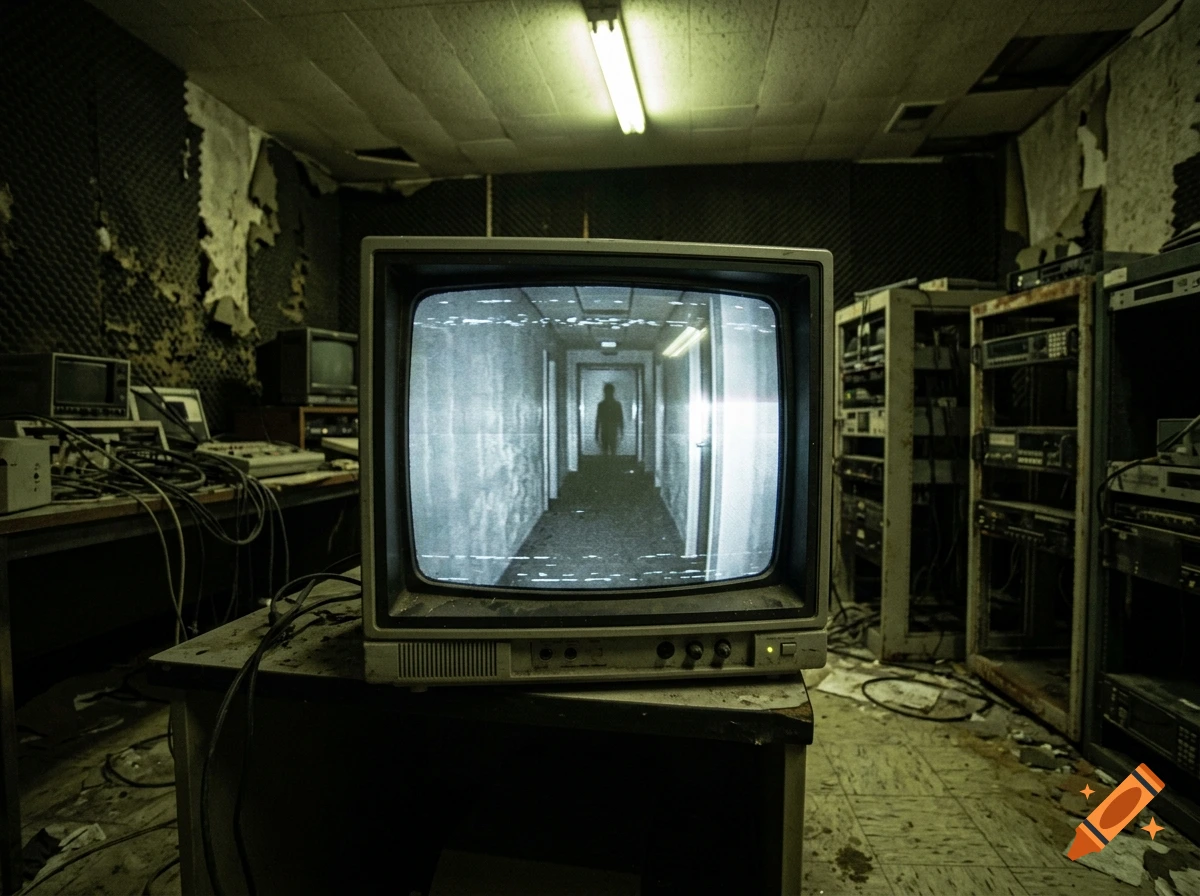 An old CRT television displaying a dark, grainy hallway with a shadowy figure, set inside a derelict, cluttered room.