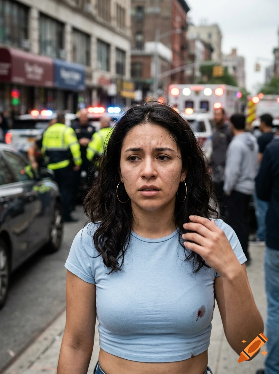 Photorealistic medium shot of a distressed Hispanic woman standing on a busy city street with emergency vehicles in the background.