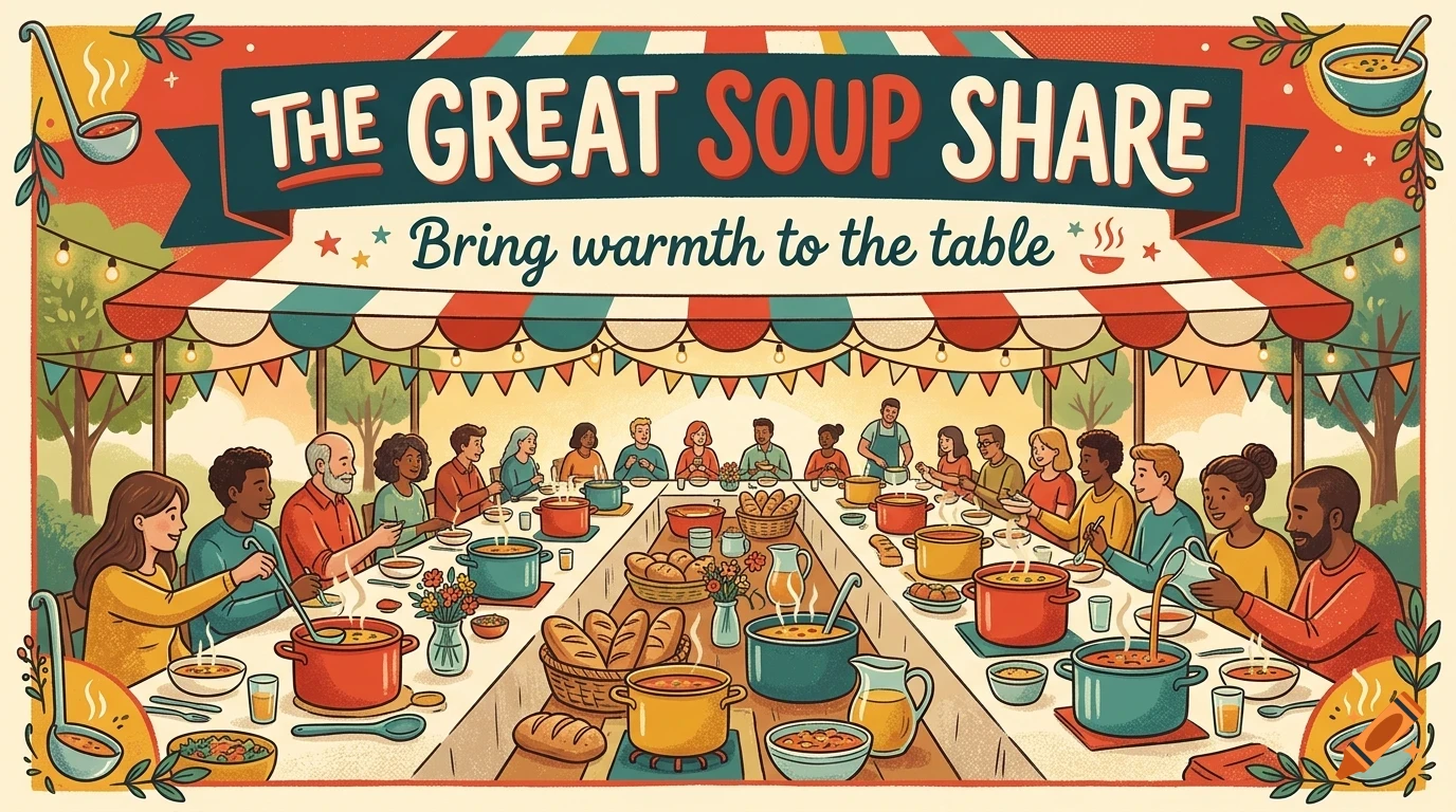 An illustrated poster for The Great Soup Share shows a diverse group of people gathered at a long communal table under a striped tent, sharing pots of soup and bread, with the text 'The Great Soup Share: Bring warmth to the table.'