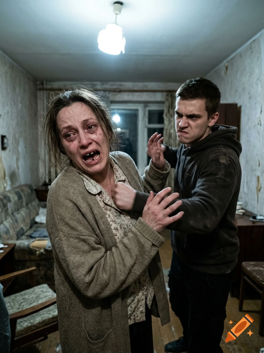 Photorealistic scene of a weeping middle-aged woman being punched in the chest by an angry young man in a shabby indoor setting.